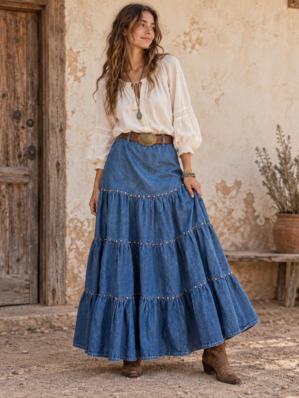 Vintage MM Style Tiered Denim Maxi Skirt Size M Sequin Detail 100% Cotton